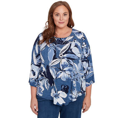 DENIM Plus Women's Puff Print Denim Floral Top