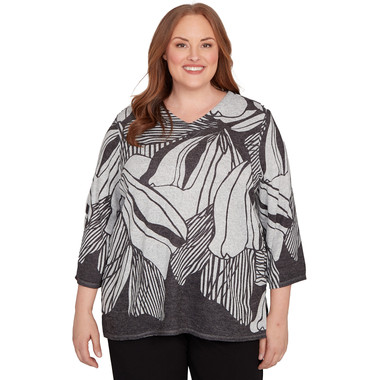BLACK Plus Women's Abstract Floral Stripe V-Neck Top