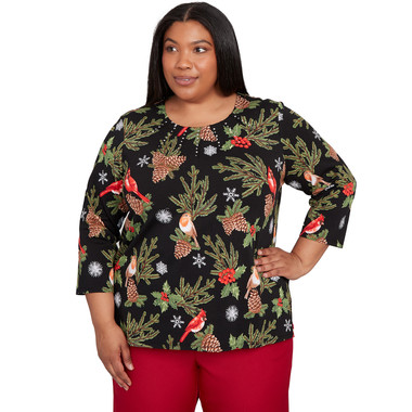 BLACK Plus Women's Cardinals And Pinecones Embellished Top