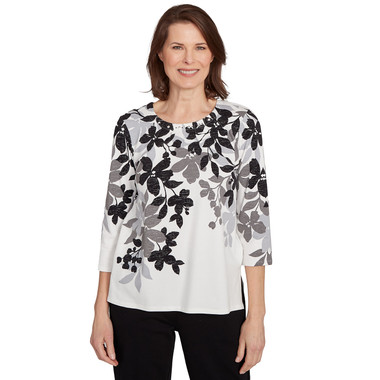 BLACK/GREY Women's Shadow Leaf Three Quarter Sleeve Top