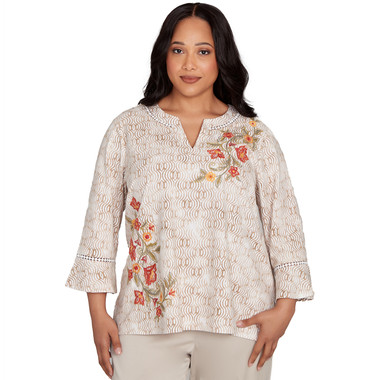 TAN NEUTRAL Plus Women's Printed Floral Bell Sleeve Embroidered Top