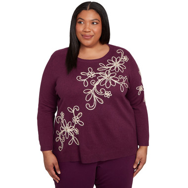Plus Women's Diagonal Floral Embroidered Sweater