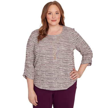 PLUM MULTI Plus Women's Textured Shimmer Space Dye Top With Necklace