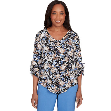 Petite Women's Tie Sleeve Brushstroke Floral Knit Top
