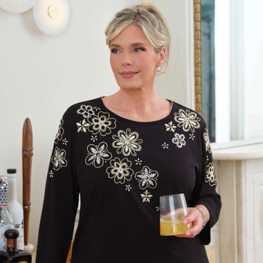 BLACK Plus Women's Gold Floral Embroidered Three Quarter Sleeve Top