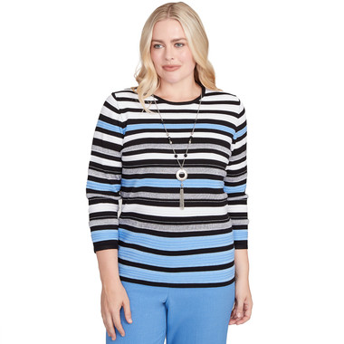 BLACK MULTI Women's Textured Stripe Sweater With Necklace