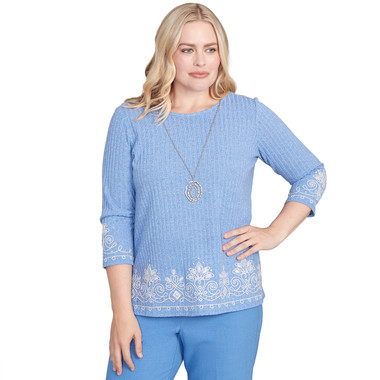 PERRIWINKLE Petite Women's Medallion Bordered Periwinkle Top With Necklace