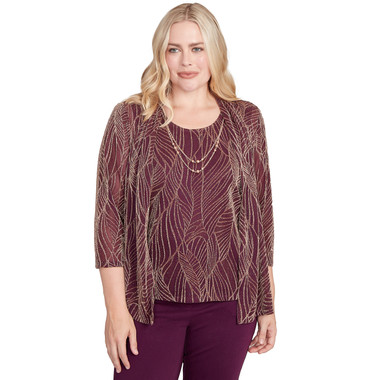 Petite Women's Glitter Leaf Two In One Top With Necklace