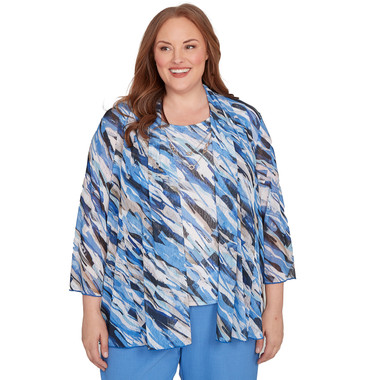 BLUE MULTI Plus Women's Textured Mesh Printed Two In One Top With Necklace