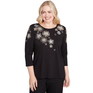 Petite Women's Gold Floral Embroidered Three Quarter Sleeve Top