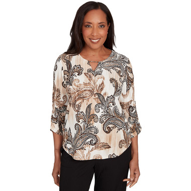 Petite Women's Textured Paisley Ruched Sleeves Top