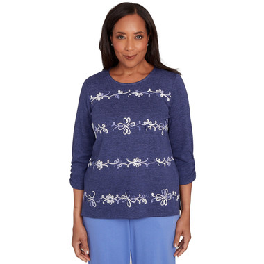 IRIS Petite Women's Embroidered Scroll Ruched Sleeve Top