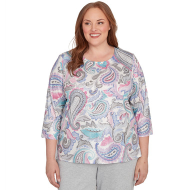 Plus Women's Pleated Paisley Crew Neck Top