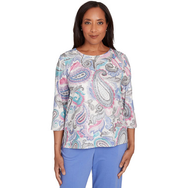 Women's Pleated Paisley Crew Neck Top