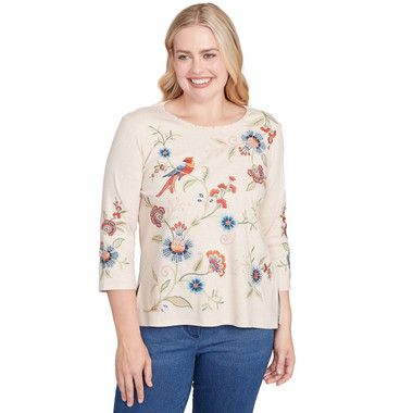 Women's Allover Floral Embroidered Crew Neck Top