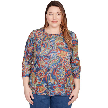 BLUE MULTI Plus Women's Stitched Floral Pleated Neck Top