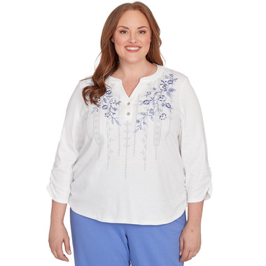 Plus Women's Geometric Floral Ruched Henley Top