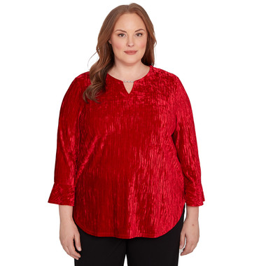 RED Plus Women's Crushed Velvet Henley Tie Sleeve Top