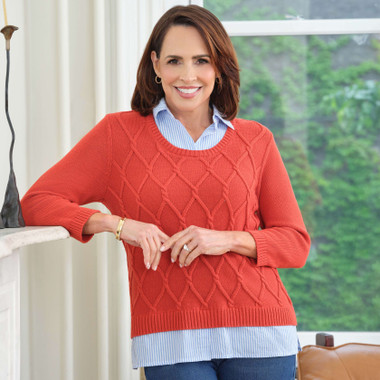SPICE Petite Women's Stitched Cable Stripe Woven Trim Sweater
