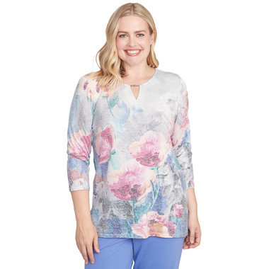 Petite Women's Floral Brushstroke Beaded Split Neck Top