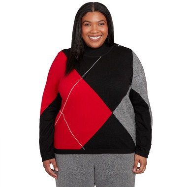 Plus Women's Exploded Argyle Mock Neck Sweater
