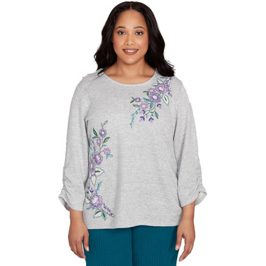 Plus Women's Embroidered Flowers With Side Tie Ruching Top