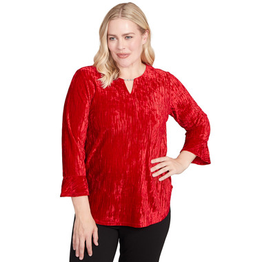 Petite Women's Crushed Velvet Henley Tie Sleeve Top