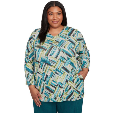 Plus Women's Detailed V Neck Brushstroke Top