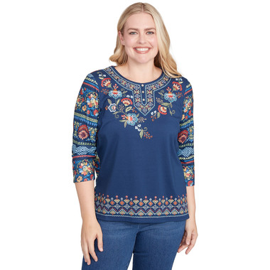 Petite Women's Printed Sleeve Floral Embroidered Top