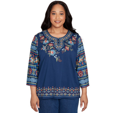 NAVY Plus Women's Printed Sleeve Floral Embroidered Top