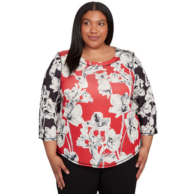 RED MULTI Plus Women's Dynamic Floral Vintage Watercolor Top