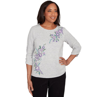 GREY Petite Women's Embroidered Flowers With Side Tie Ruching Top