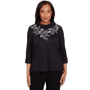 BLACK Petite Women's Leaf Embroidered Rib Neck Top