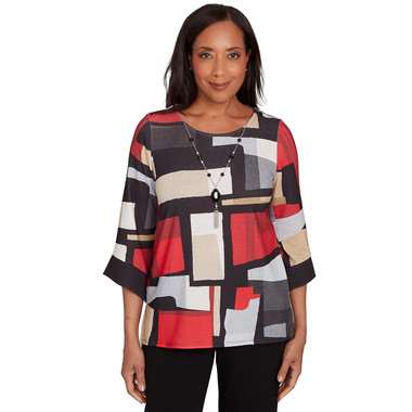 RED MULTI Petite Women's Knit Colorblock Top With Necklace