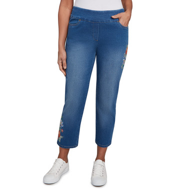MEDIUM INDIGO Women's Floral Vine Embroidered Denim Ankle Pant