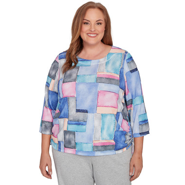 Plus Women's Tie Side Ruched Colorblock Top