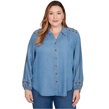 BLUE Plus Women's Needlepoint Embroidered Button Front Top
