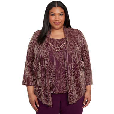 Plus Women's Glitter Leaf Two In One Top With Necklace