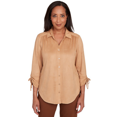 Petite Women's Button Front Faux Suede Top
