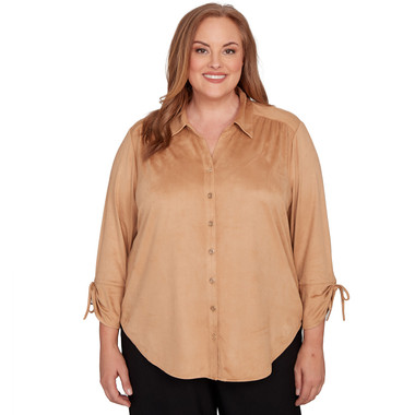 Plus Women's Button Front Faux Suede Top