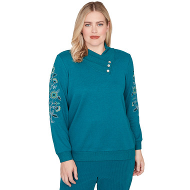 SPRUCE Petite Women's Embroidered Sleeve Button Detail Top
