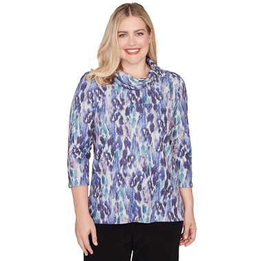 GRAPE Petite Women's Animal Melange Three Quarter Sleeve Top