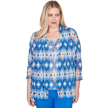 COBALT BLUE Petite Women's Geometric Mesh 2-In-1 Top With Necklace