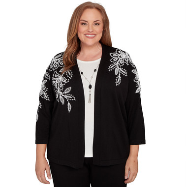 BLACK Plus Women's Floral Soutache Two In One Sweater With Necklace