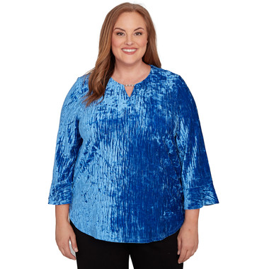 COBALT BLUE Plus Women's Crushed Velvet Keyhole Bell Sleeve Top