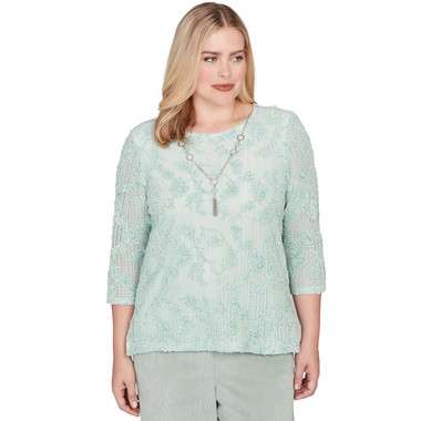 Petite Women's Floral Velvet Soutache Mesh Top With Necklace