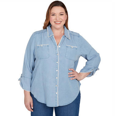 LIGHT DENIM Plus Women's Blanket Stitch Trim Button-Front Top