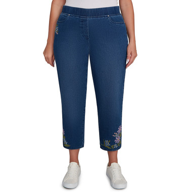 DARK INDIGO Plus Women's Cross Stitch Flower Embroidery Ankle Pant