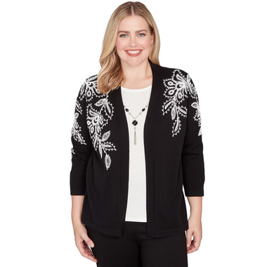 BLACK Women's Floral Soutache Two In One Sweater With Necklace