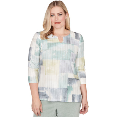 MULTI GREEN Petite Women's Soft Colorblock Rib Texture Knit Top
